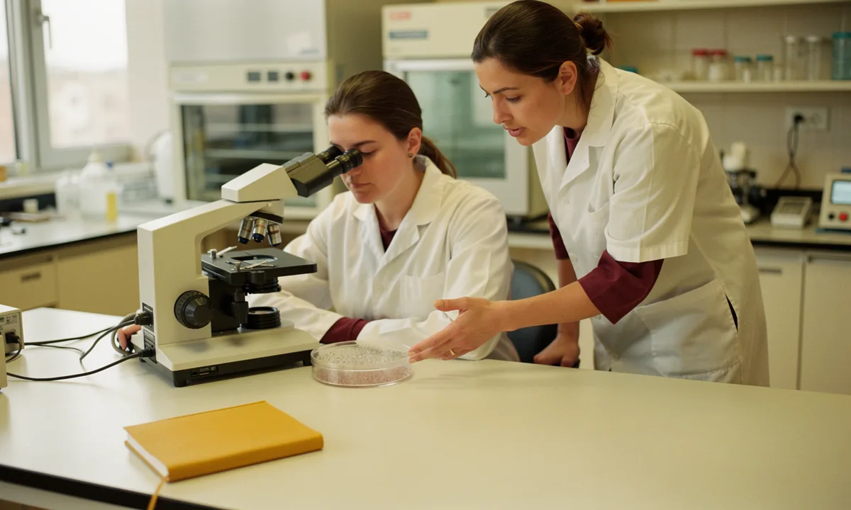 Two laboratory workers examine a microscope and a shallow culture dish at a cream-coloured bench